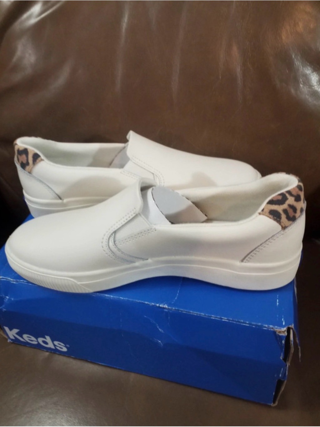 Keds Pursuit Slip-On Leather Sneaker In Classic White With Leopard Print. — image 5 of 8